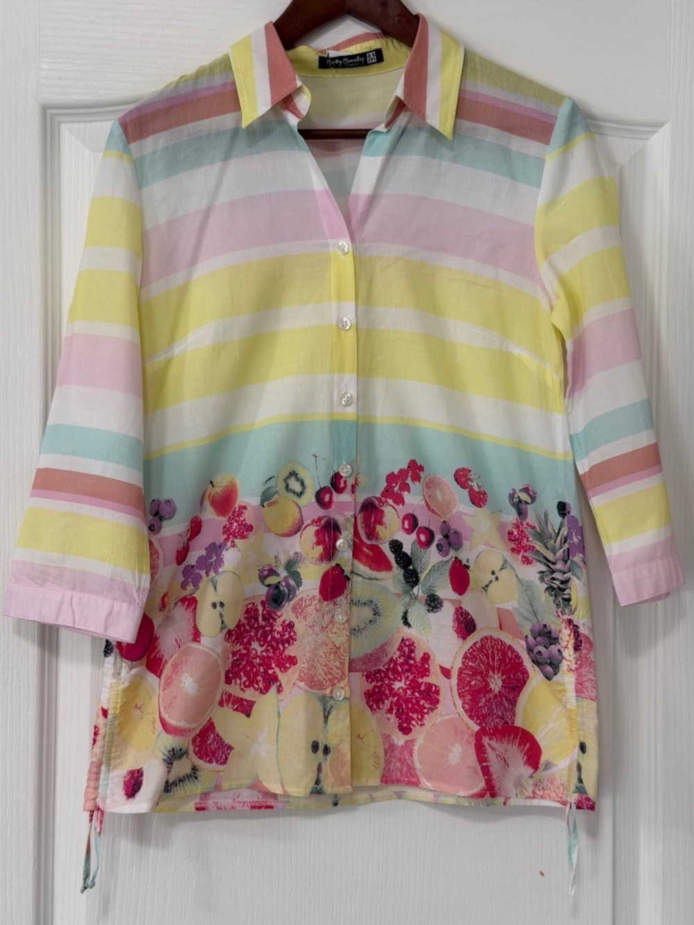 Betty Barclay Elements 100% Cotton Striped Fruit Print Roll-Tab Shirt Sz 8 (M)